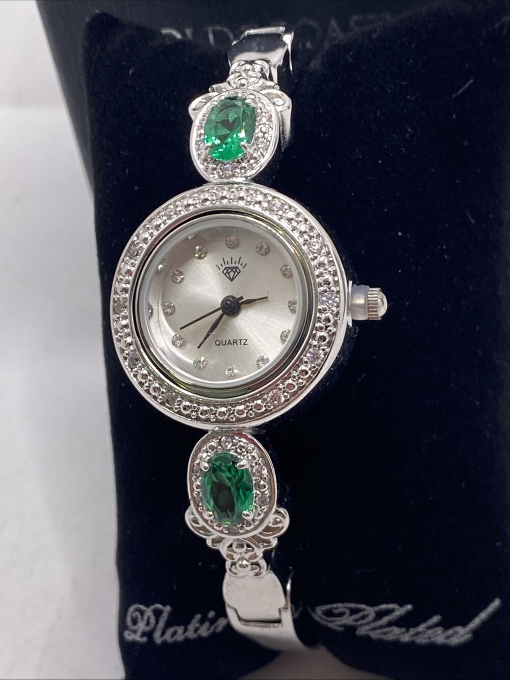 Gold Coast Womens Platinum Plated Green Gem Watch Works New Battery